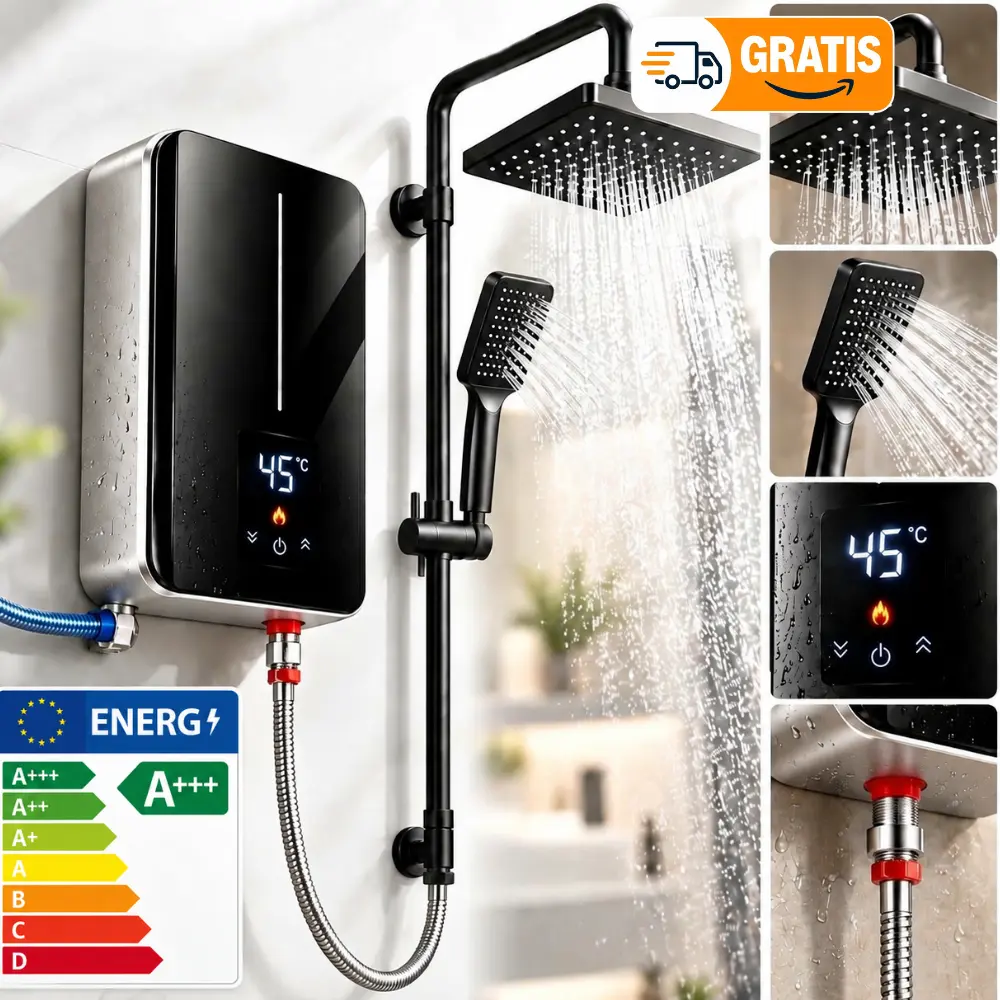 ThermoPulse ingyenes fekete prémium zuhanykészlettel: zuhanyfej, kézi zuhany, tömlő és kiegészítők