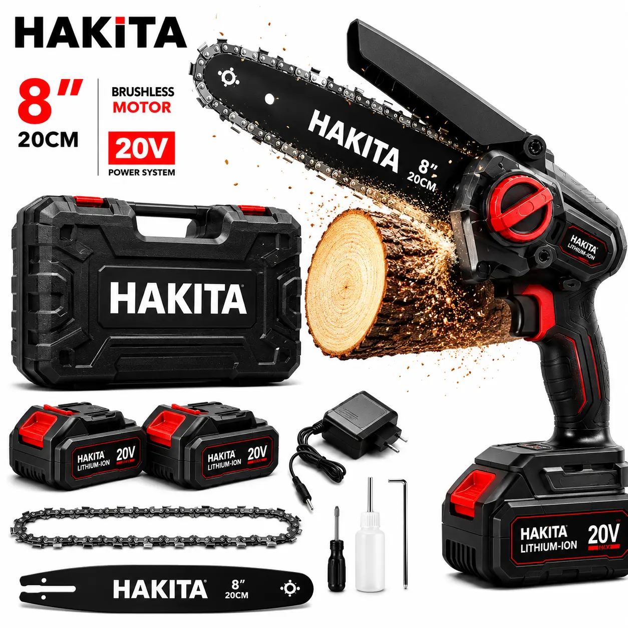 20V akumuliatorinis HAKITA™ Mini Chainsaw su 8 colių kreipiančiąja juosta
